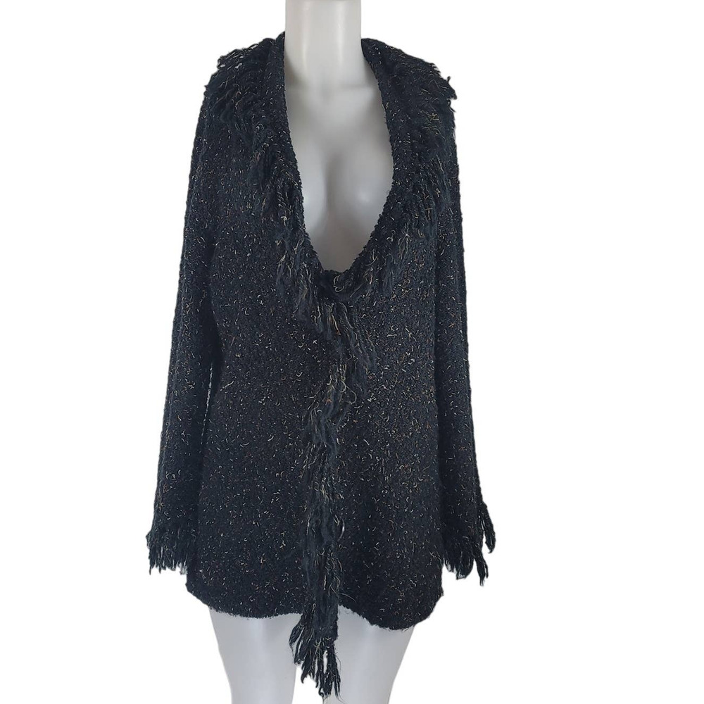 Chico's Knit Black Brown/White Flake Tassel End Sweater Jacket 3 - L
